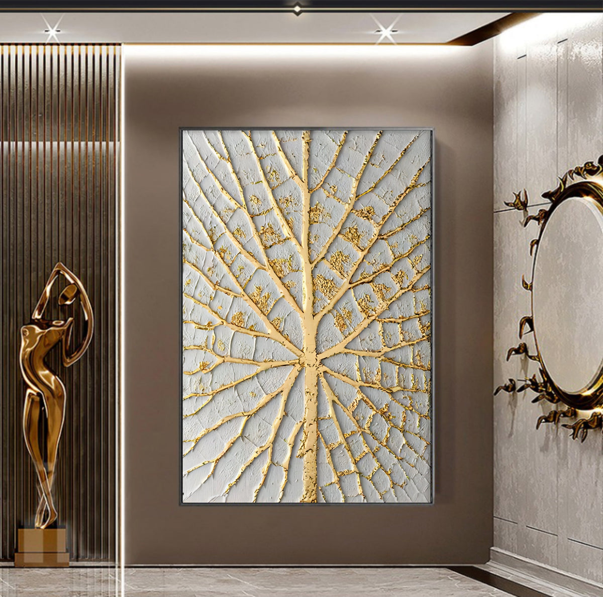 Kintsugi-Inspired Golden Tree Bas-Relief Painting