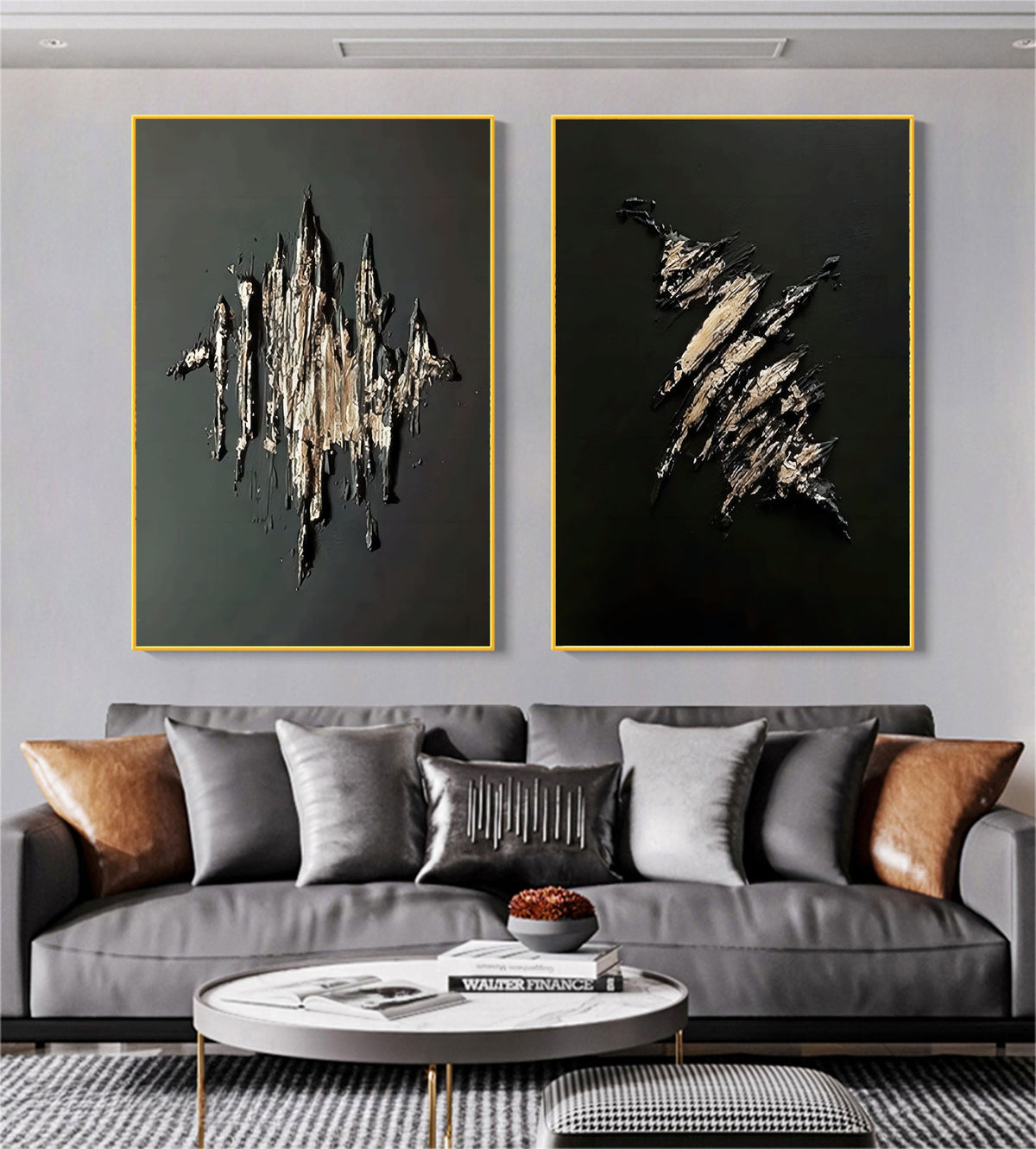 Textured Gold & Black Abstract Oil Painting