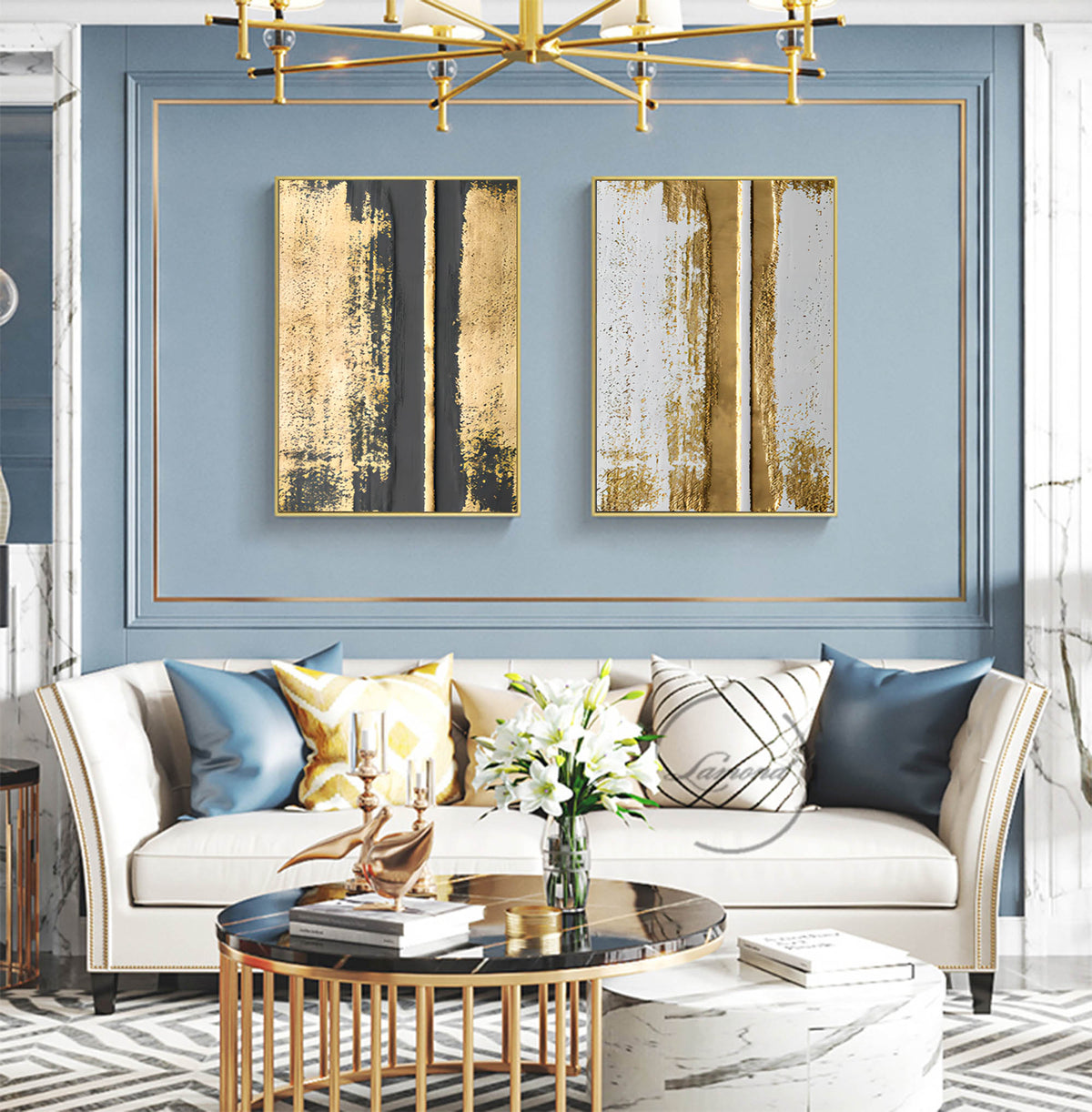 Luxury Gold Foil Abstract Diptych Oil Painting
