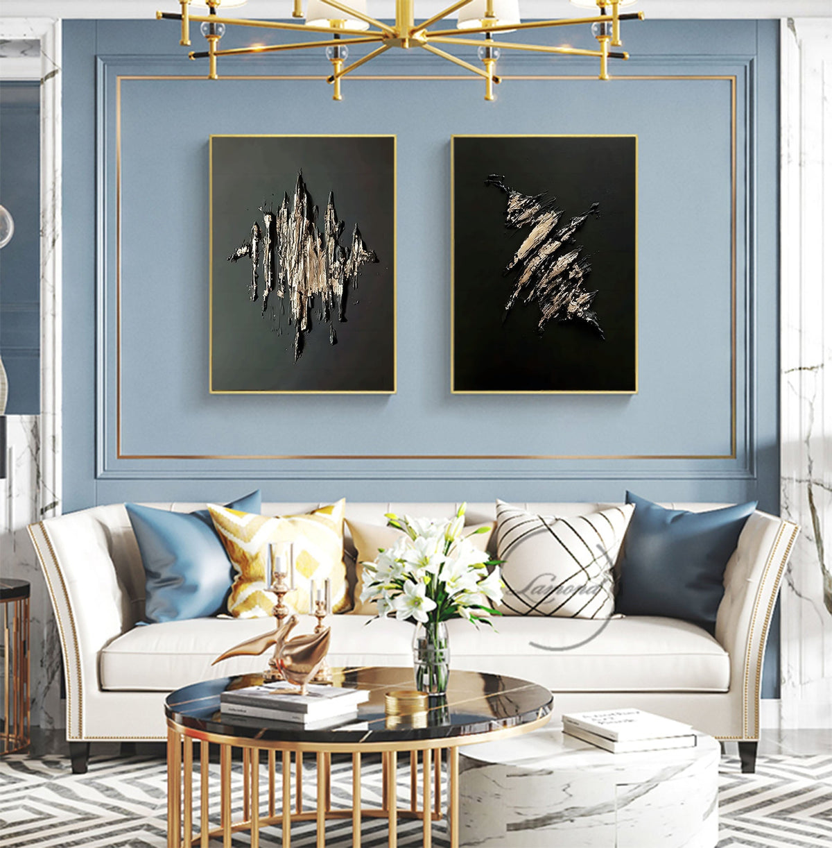 Textured Gold & Black Abstract Oil Painting