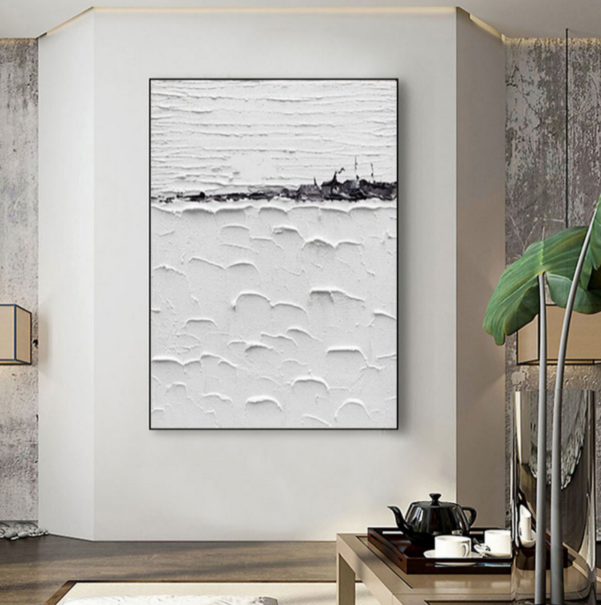 Wall Art White Impasto Bas-Relief Abstract Oil Painting