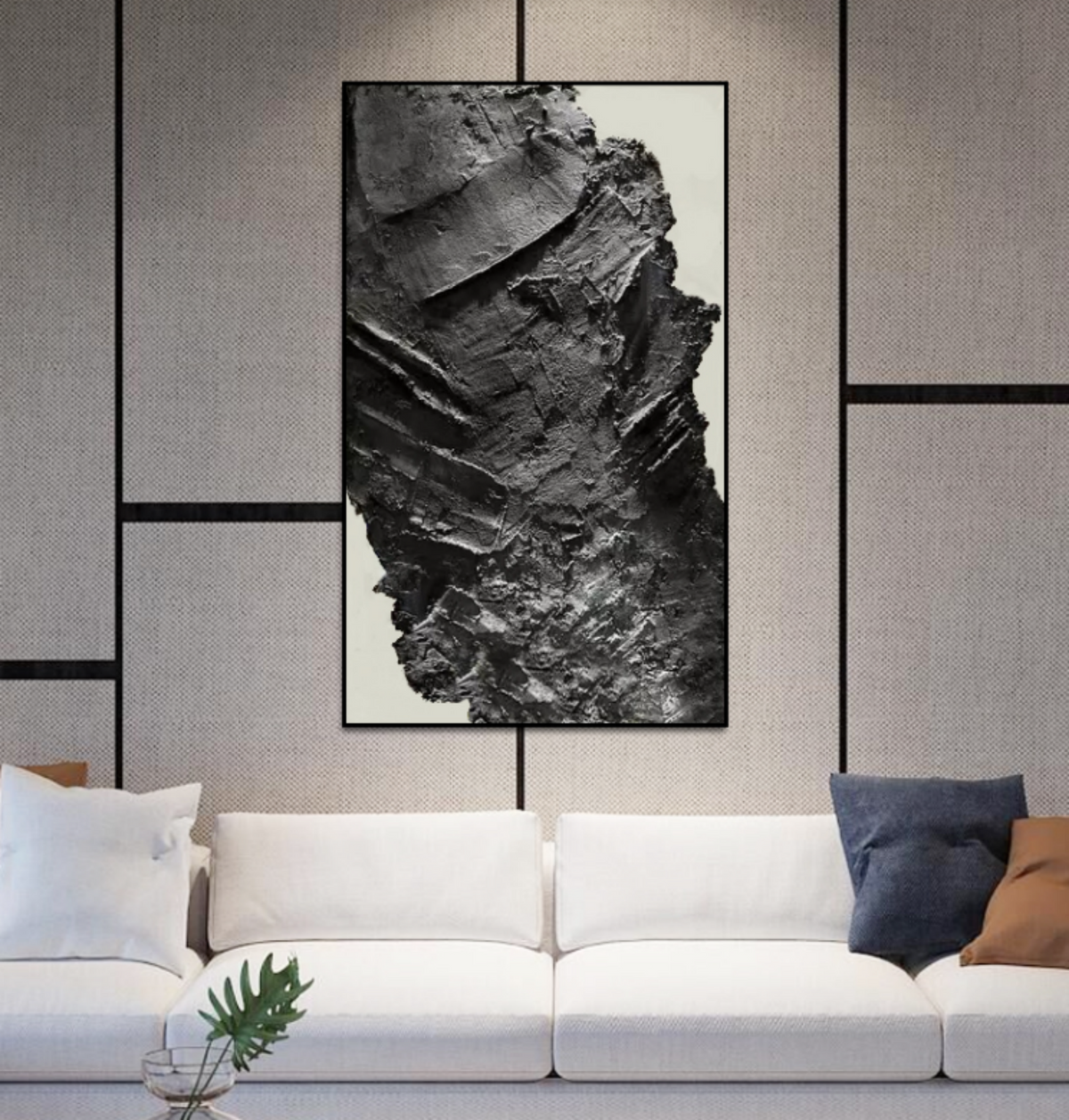 Plaster Art Textured Black Abstract Vertical Painting