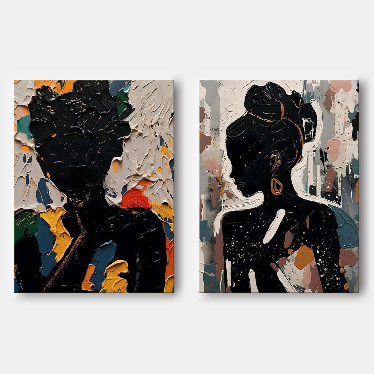 Black Silhouette Portrait Diptych Oil Painting