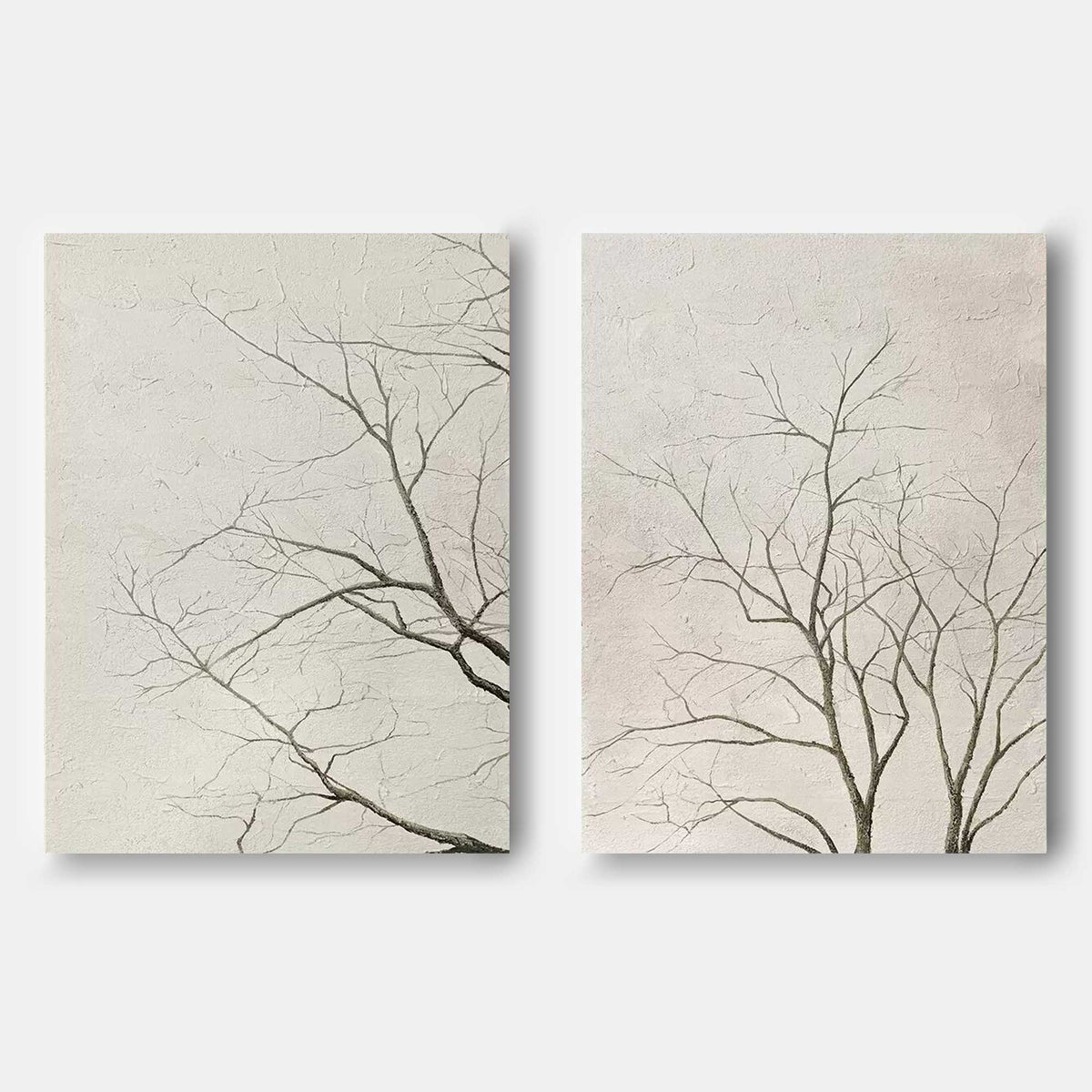 Set Of 2 Neutral Bare Tree Diptych Painting Textured