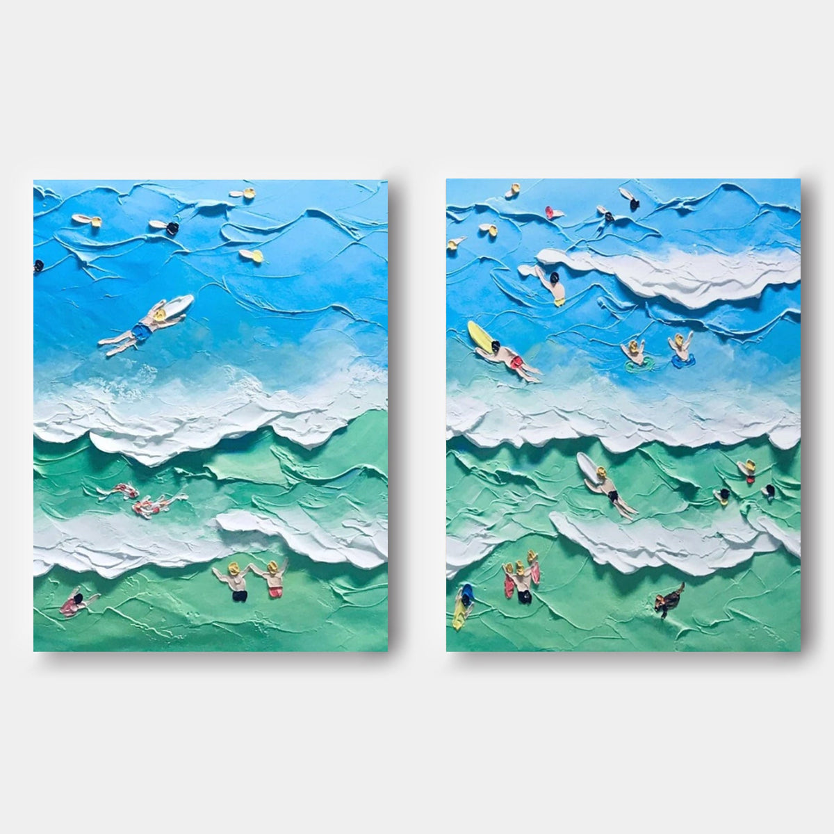 Vibrant Beach Scene Impasto Diptych Oil Painting