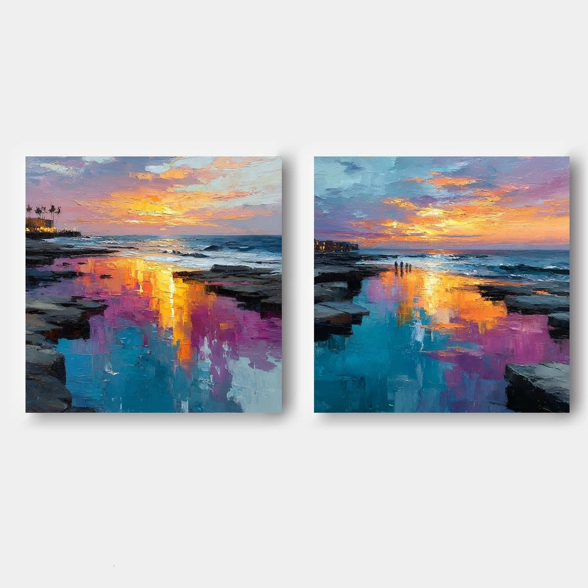 Coastal Sunset Diptych Impasto Painting