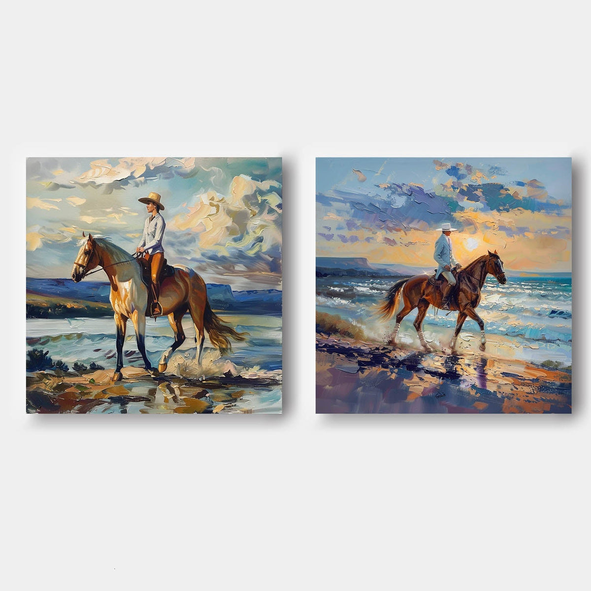 Dual Equestrian Coastal Diptych Vibrant Impasto