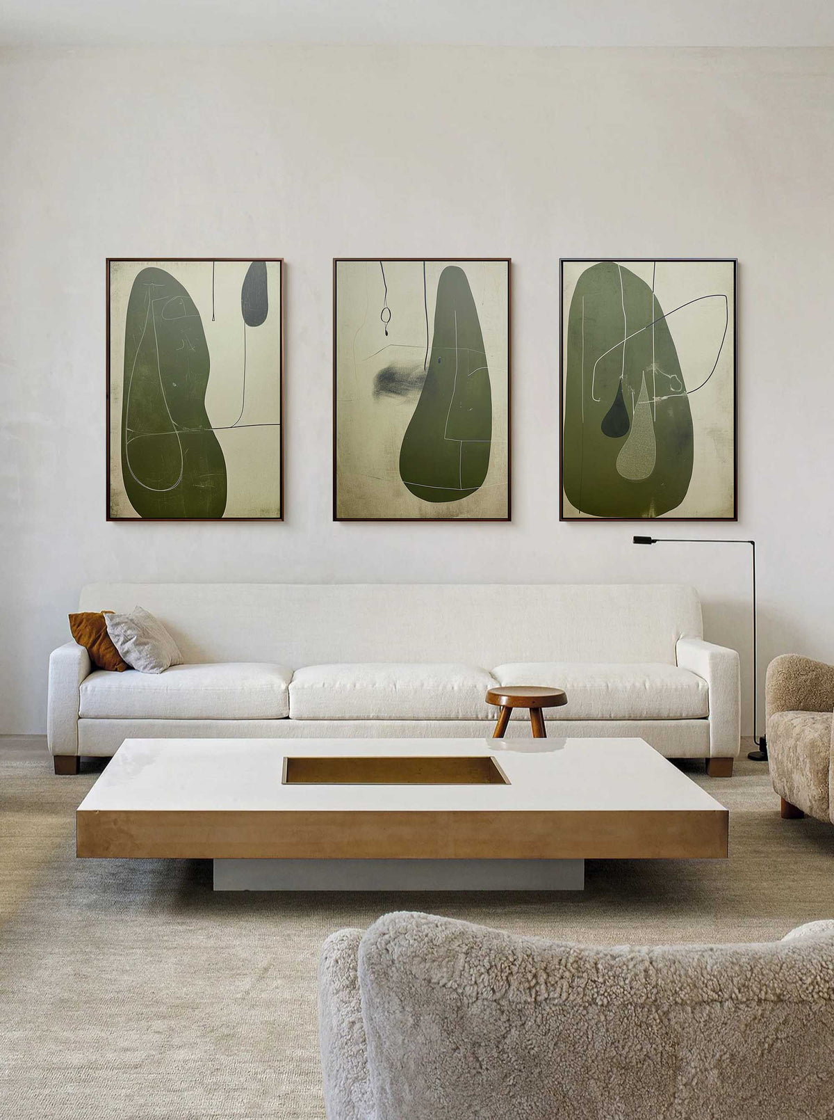 Tactile Three-Piece Oil Painting Olive Green Minimalist