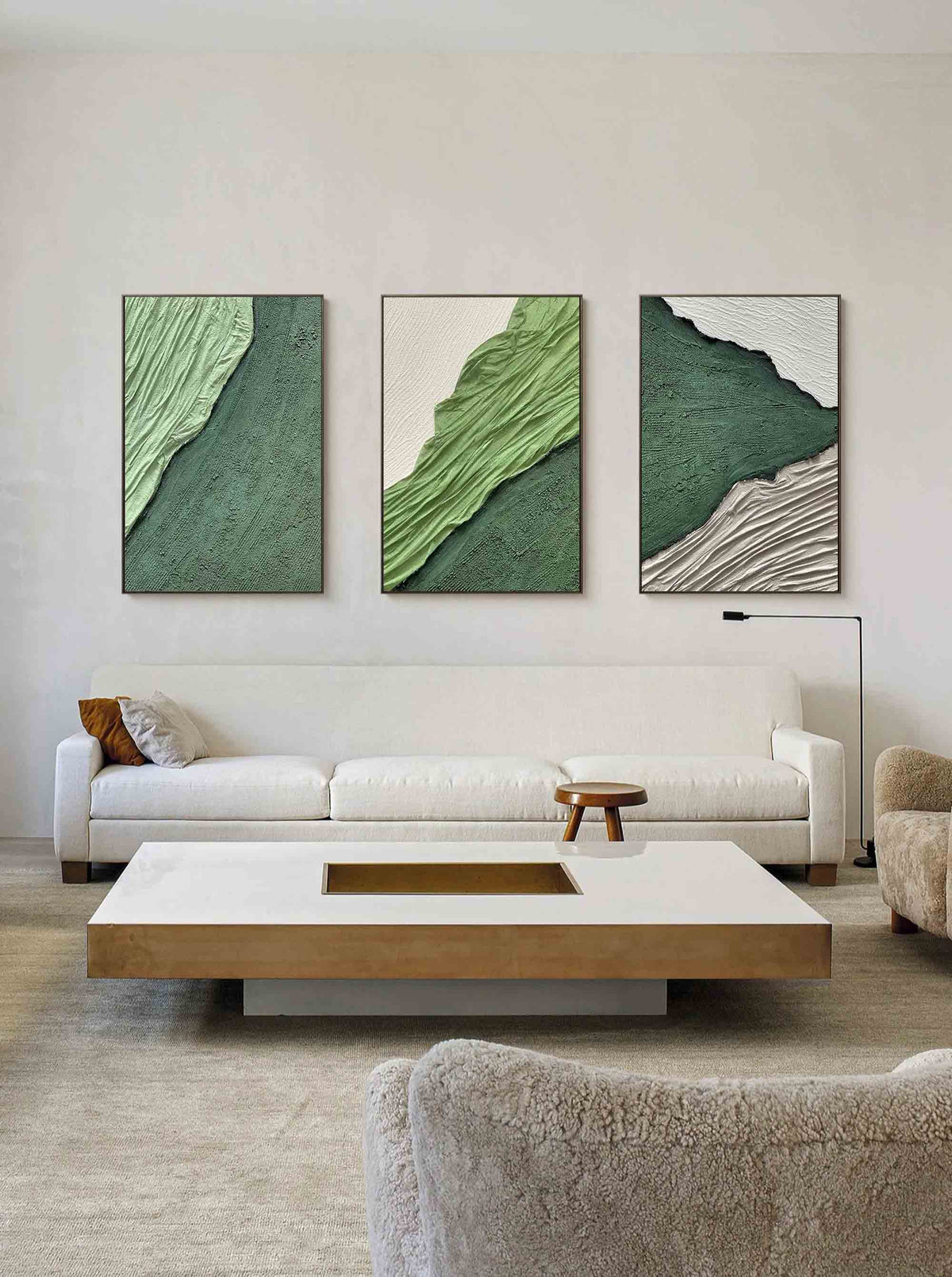 Green Textured Triptych Painting Set of 3