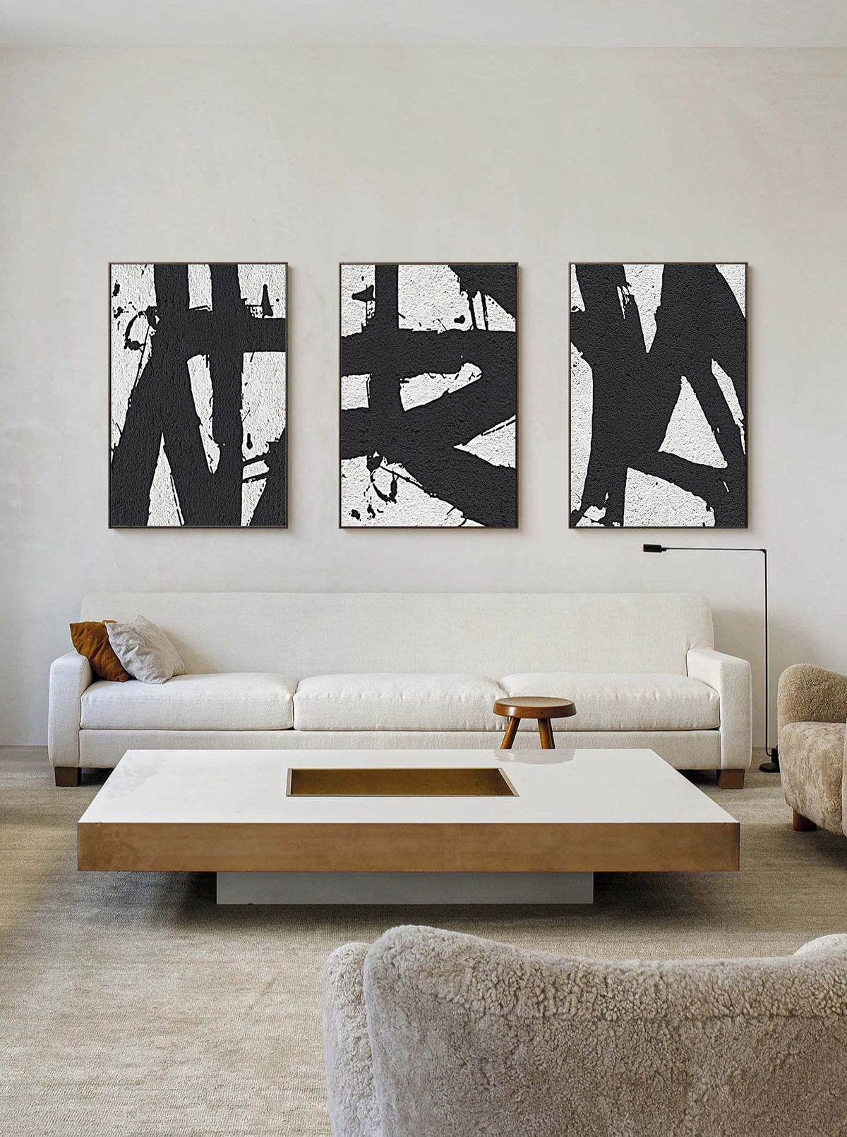 Set of 3 Black White Triptych Wall Art Textured