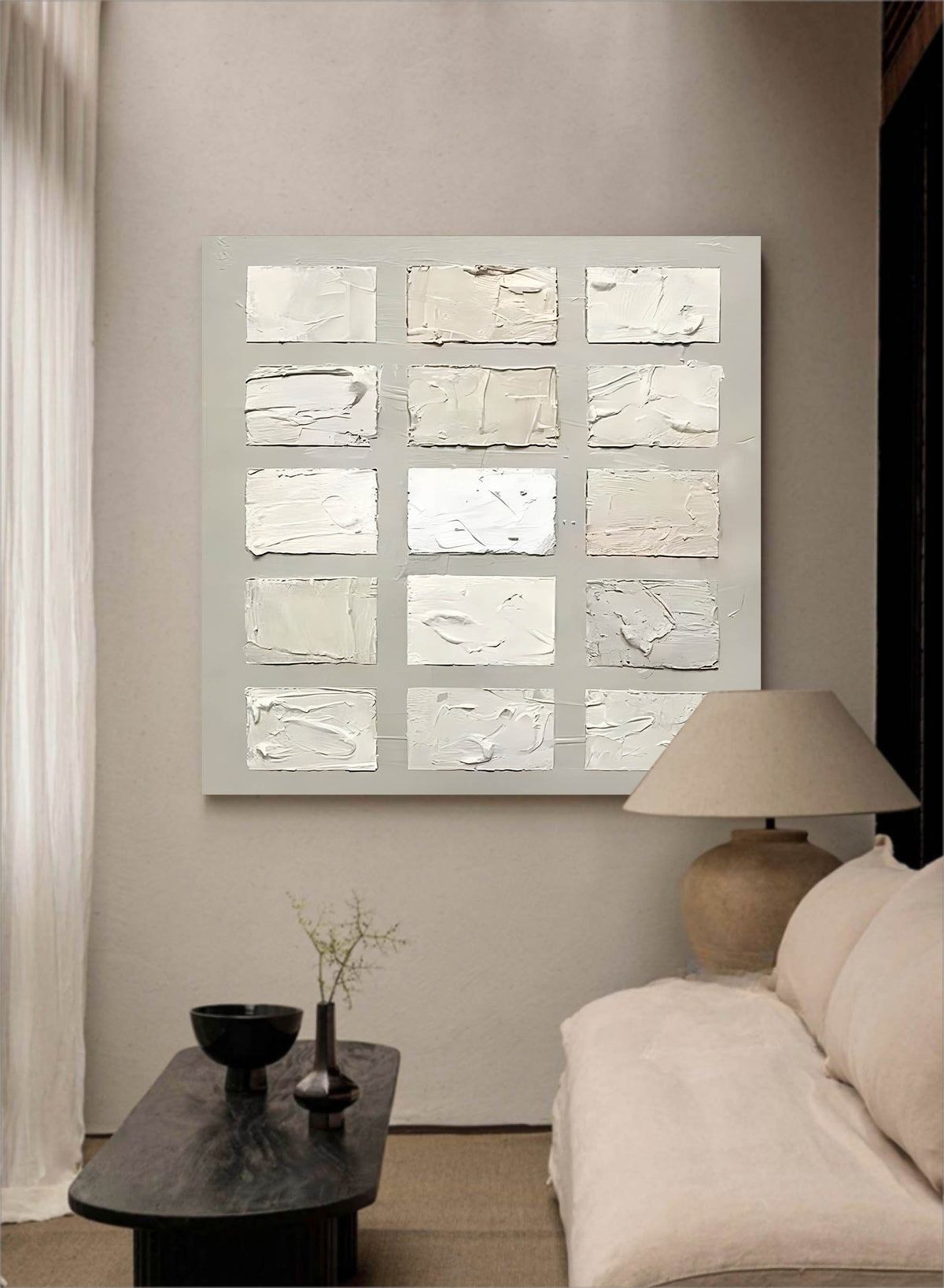 Wabi-Sabi Wall Art Neutral Tone Impasto Grid Oil Painting