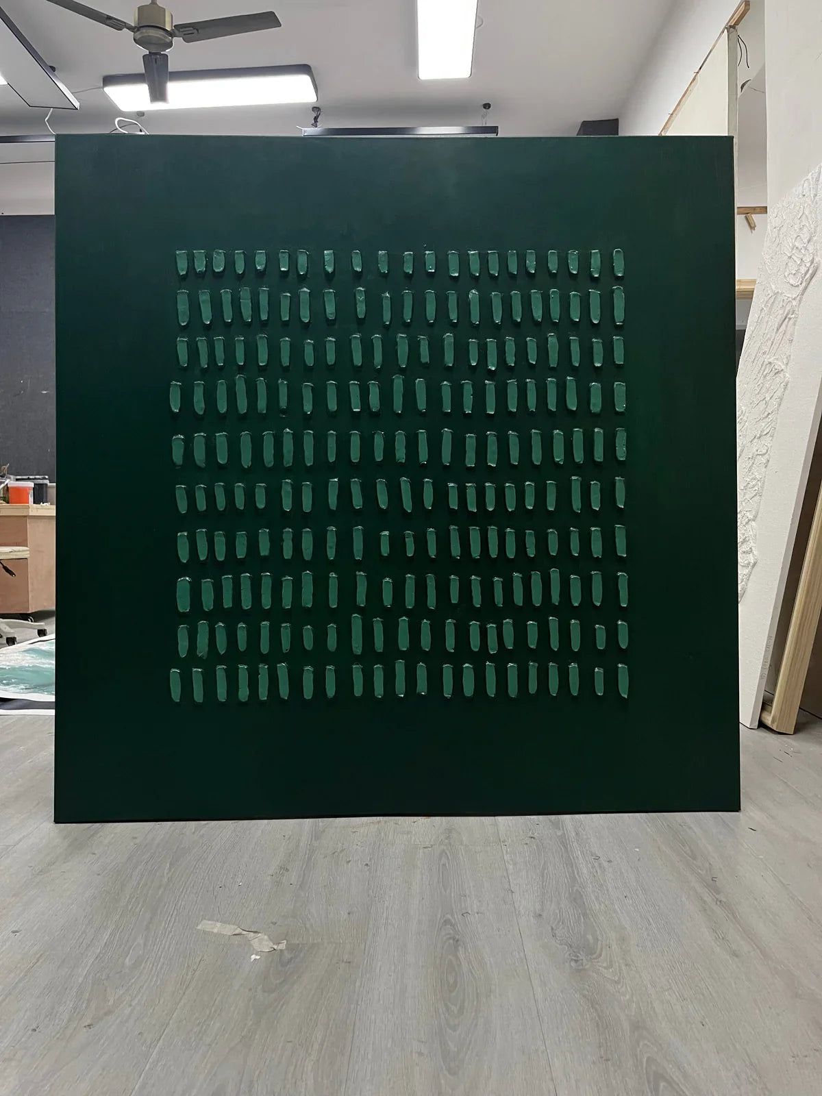 Dark Green Textured Grid Abstract Oil Painting