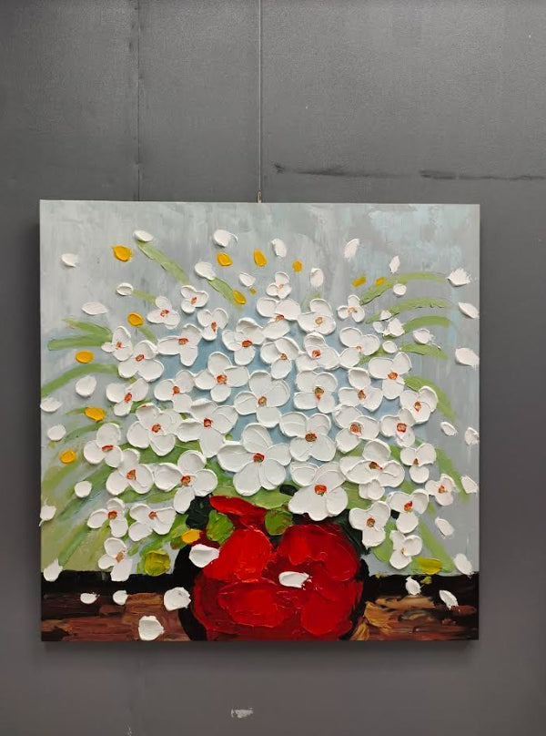 Impasto White Floral Art Oil Painting Red Vase