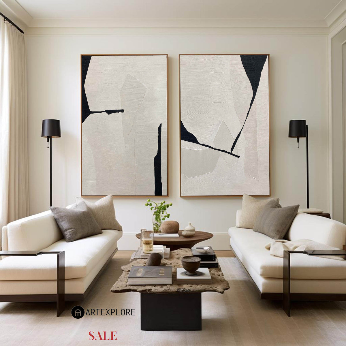 Minimalist Ivory Black Abstract Geometric Diptych Wall Art