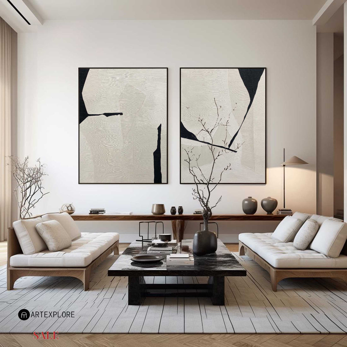 Minimalist Ivory Black Abstract Geometric Diptych Wall Art