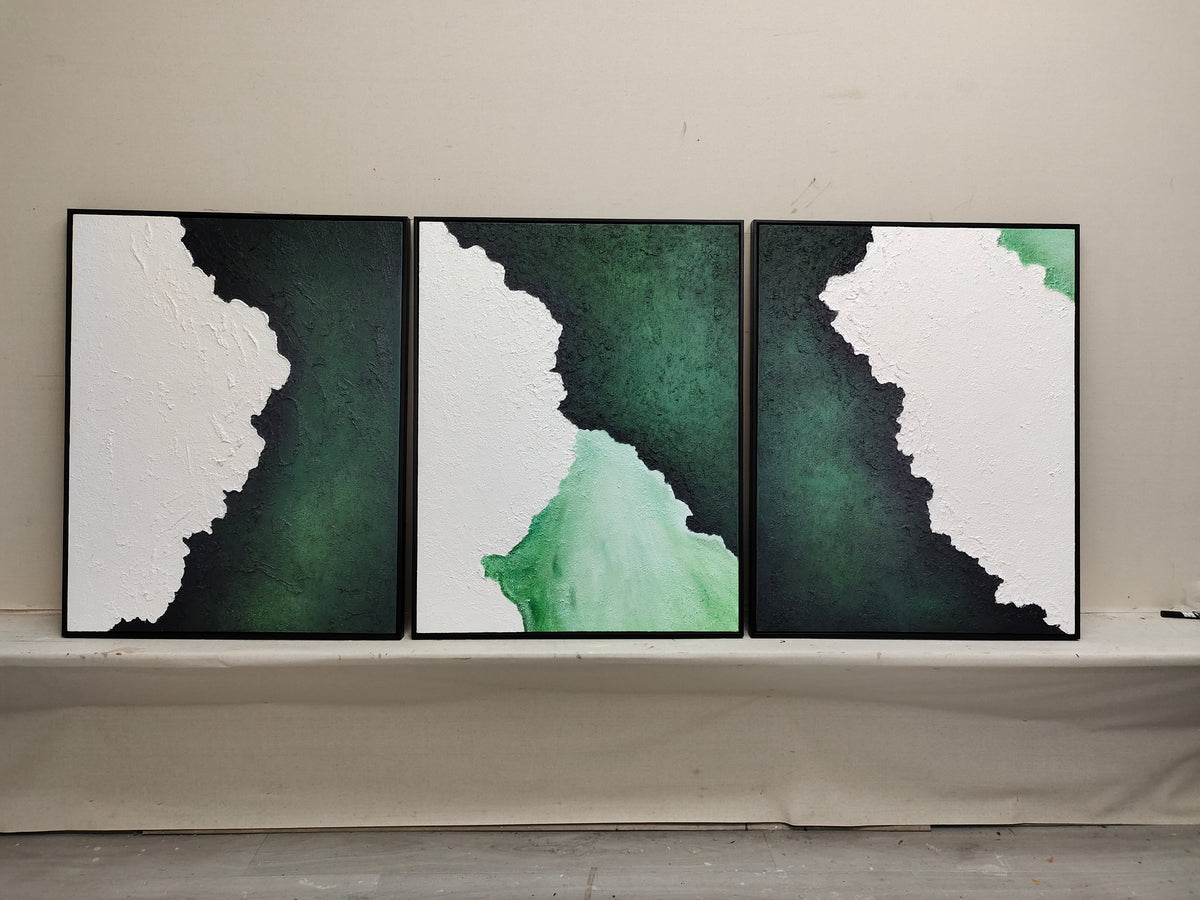 Set of 3 Green Textured Triptych Painting