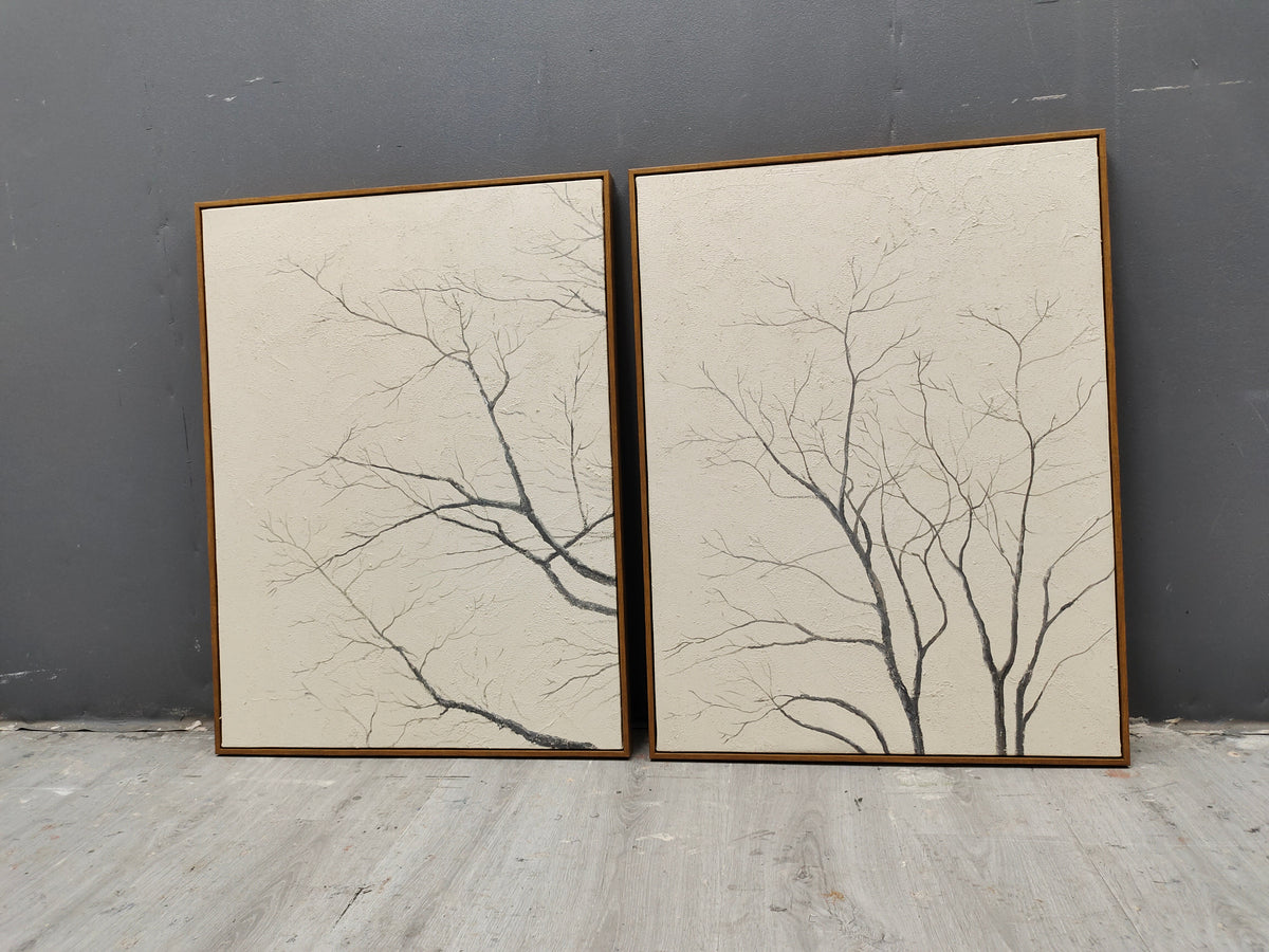 Set Of 2 Neutral Bare Tree Diptych Painting Textured