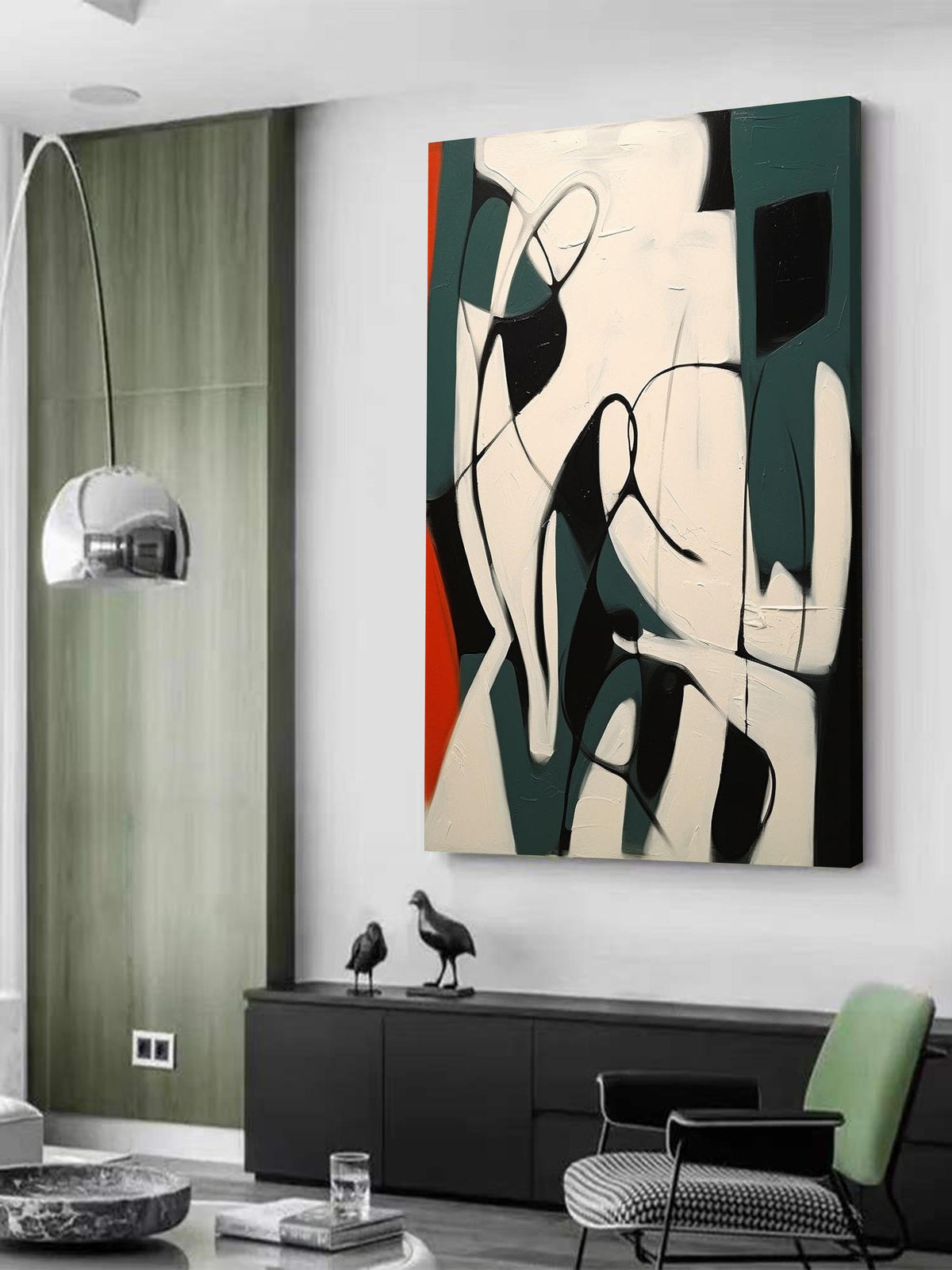Dynamic Curved Oil Painting Textured Teal Black Red