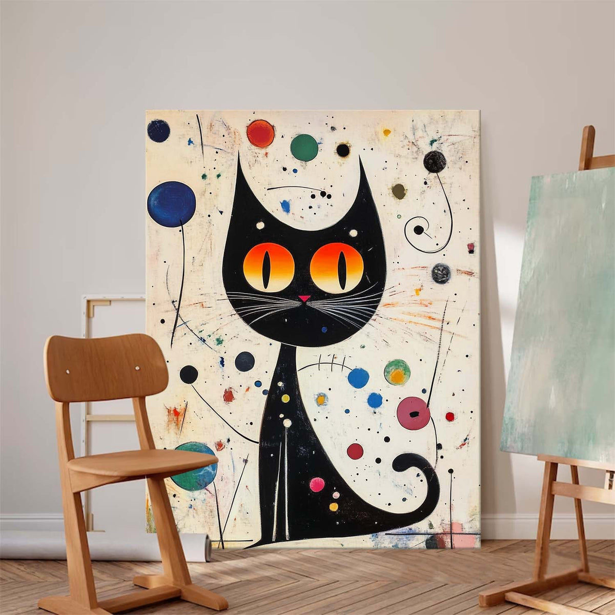 Mid-Century Modern Cat Painting Vibrant Retro
