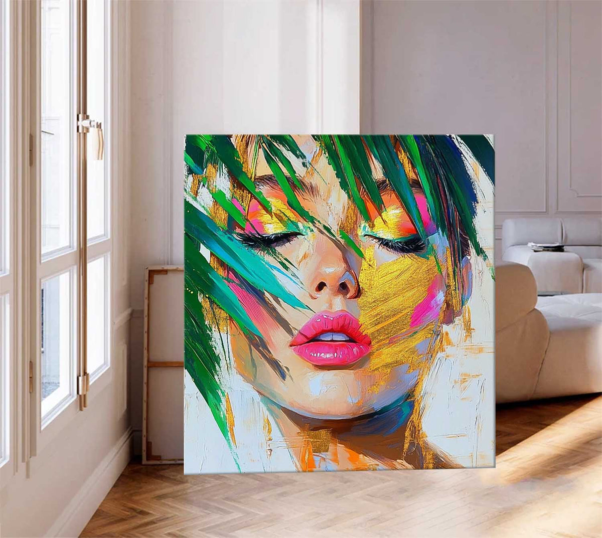 Serene Tropical Woman Portrait Gold Leaf Oil Painting