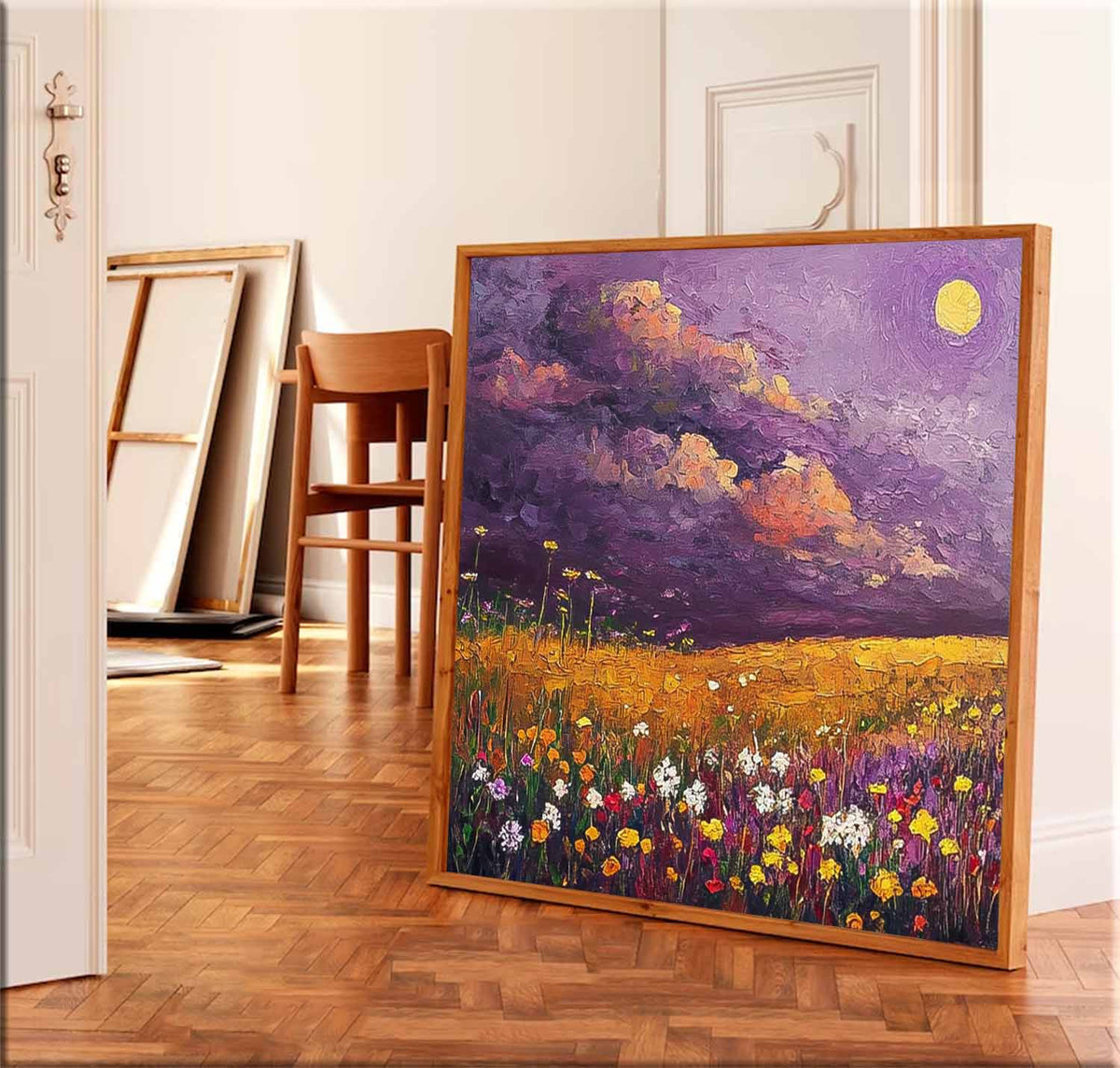 Moonlit Wildflower Field Impressionist Oil Painting