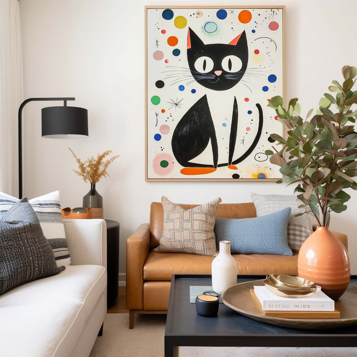 Mid-Century Modern Cat Painting Playful Polka Dot