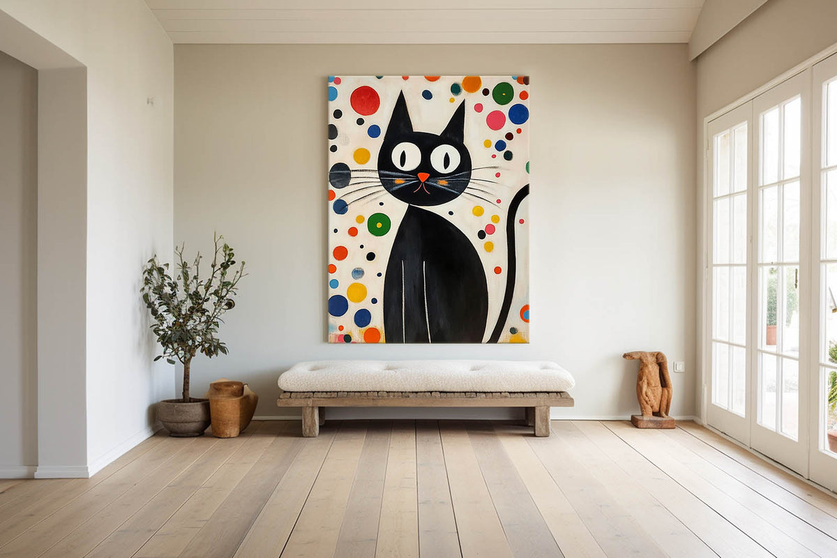 Mid-Century Modern Cat Painting Playful Polka Dot