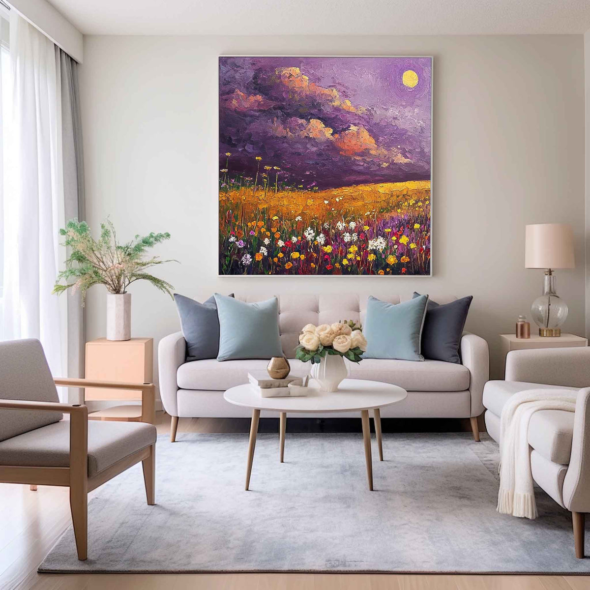 Moonlit Wildflower Field Impressionist Oil Painting