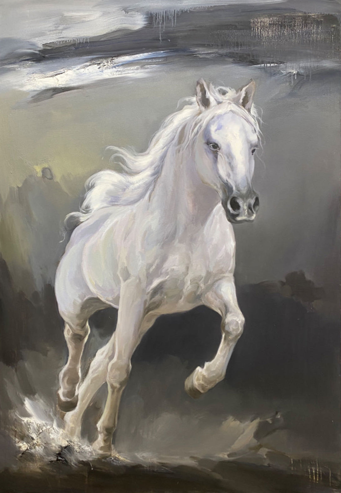 Wall Art Vertical Impressionist White Horse Scene Muted