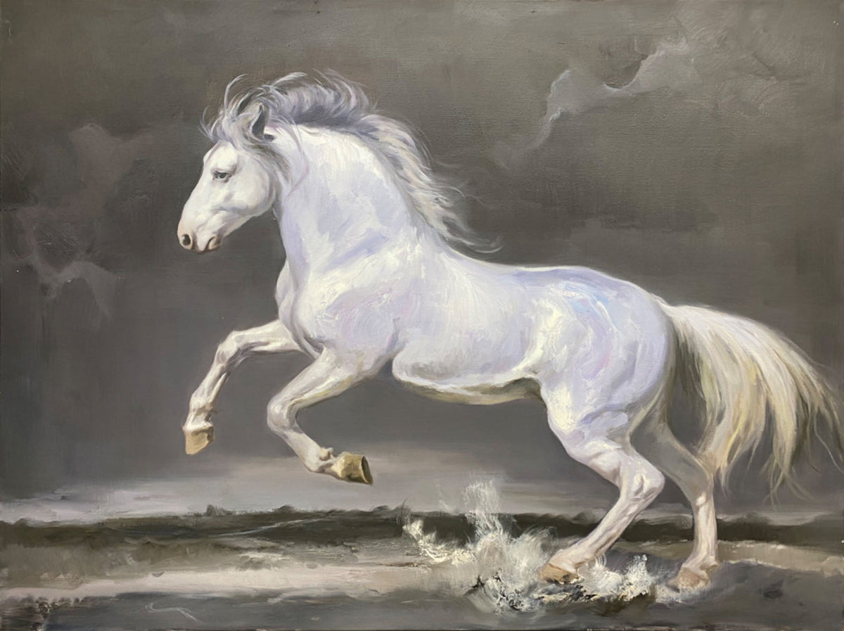 Wall Art Panoramic Realist White Horse Scene Moody