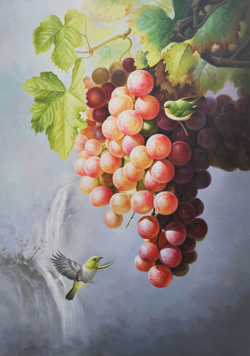 Hyperrealism Lush Grape Bird Realistic Oil Painting