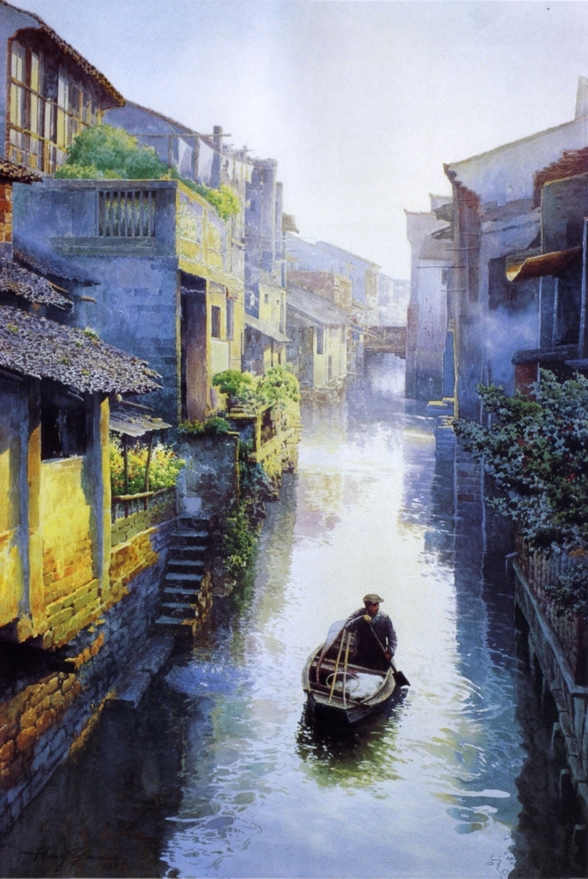 Morning Mist Jiangnan Water Town Oil Painting