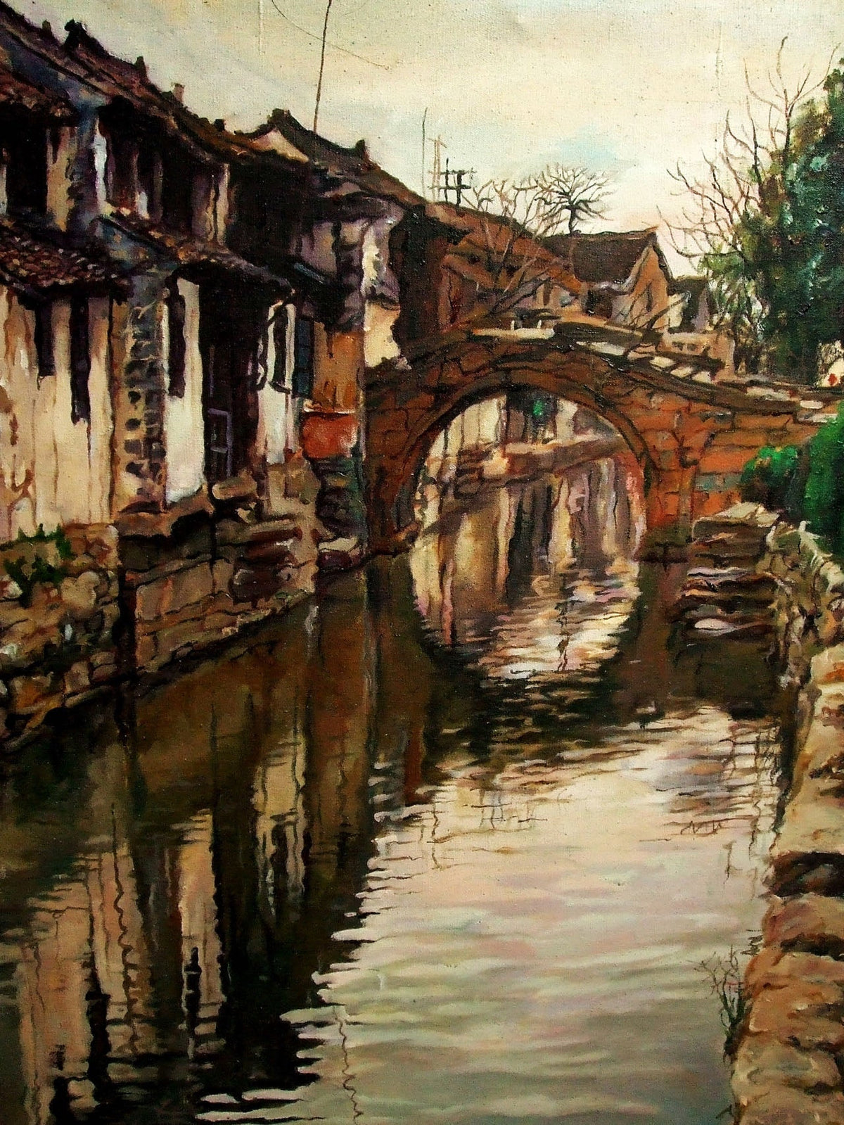 Hyperrealism Rustic Jiangnan Water Town Oil Painting
