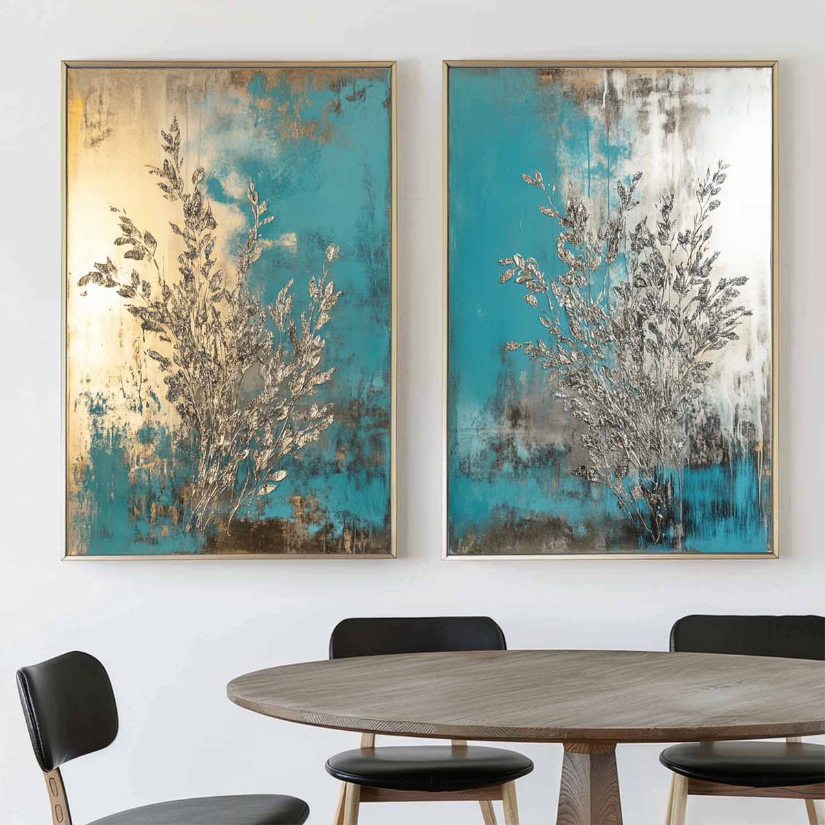 Teal Gold Abstract Diptych Textured Painting