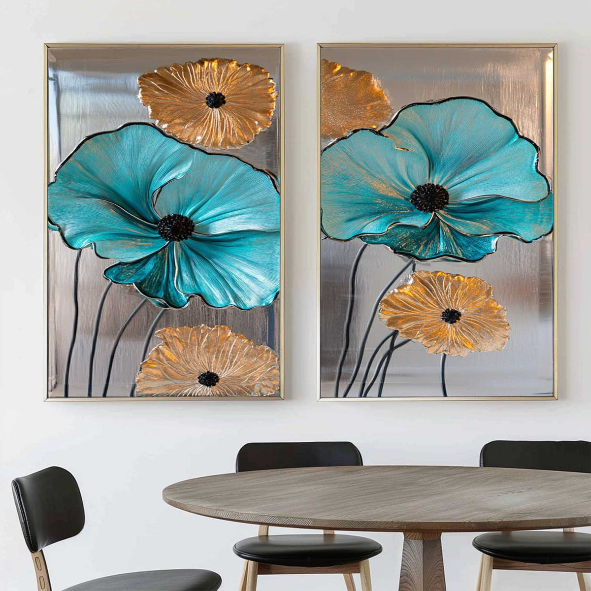 Teal and Gold Floral Canvas Wall Art Set
