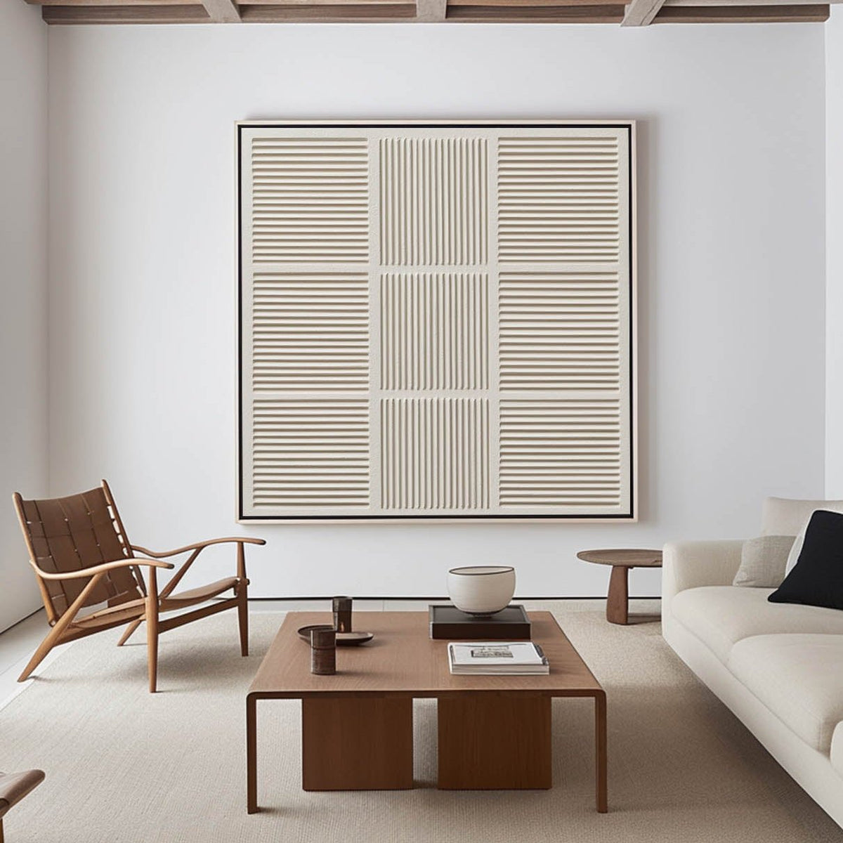 Elowen Beige Geometric Grid Canvas Wall Art