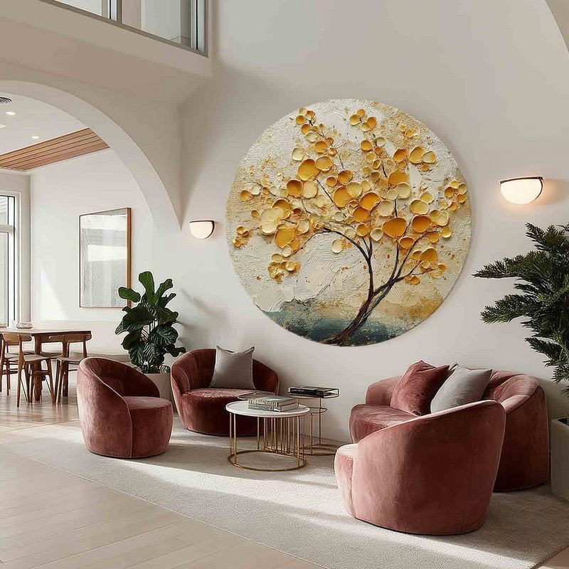 Wall Art Golden Leaf Tree Circular Amber Leaf