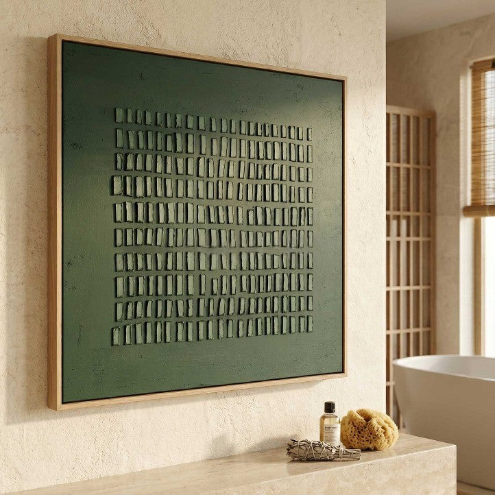 Wabi-Sabi Wall Art Dark Green Textured Grid Abstract Painting