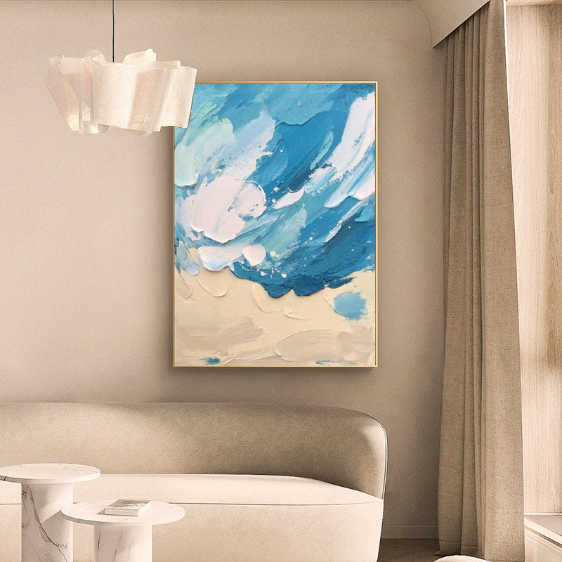 Textured Coastal Impasto Oil Painting Blue Wave Beach
