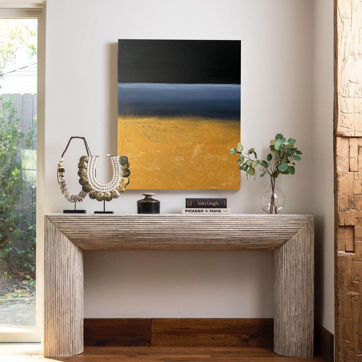 Gold Black Blue Abstract Wall Art Vertical