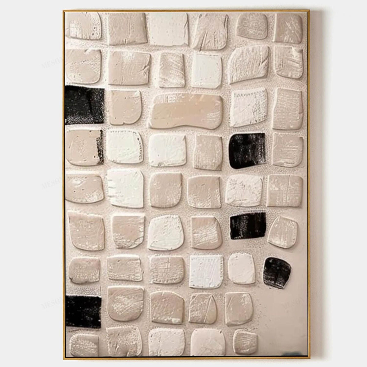 Neutral Textured 3D Patchwork Oil Painting Black Framed