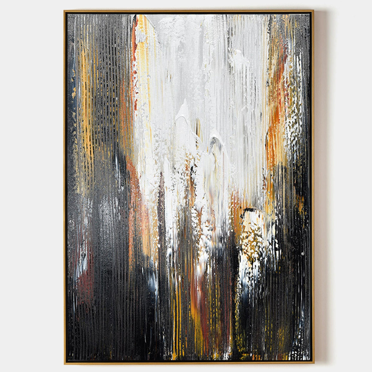 Large Contemporary Abstract Black Gold White Textured Vertical Oil Painting on Linen Canvas