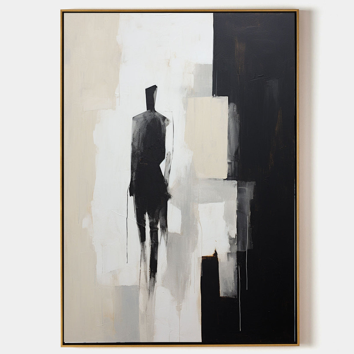 Minimalist Solitary Figure Oil Painting Black Beige Wall Art