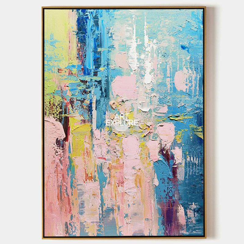 Wall Art Blue Pink Floral Abstract Textured Living Room