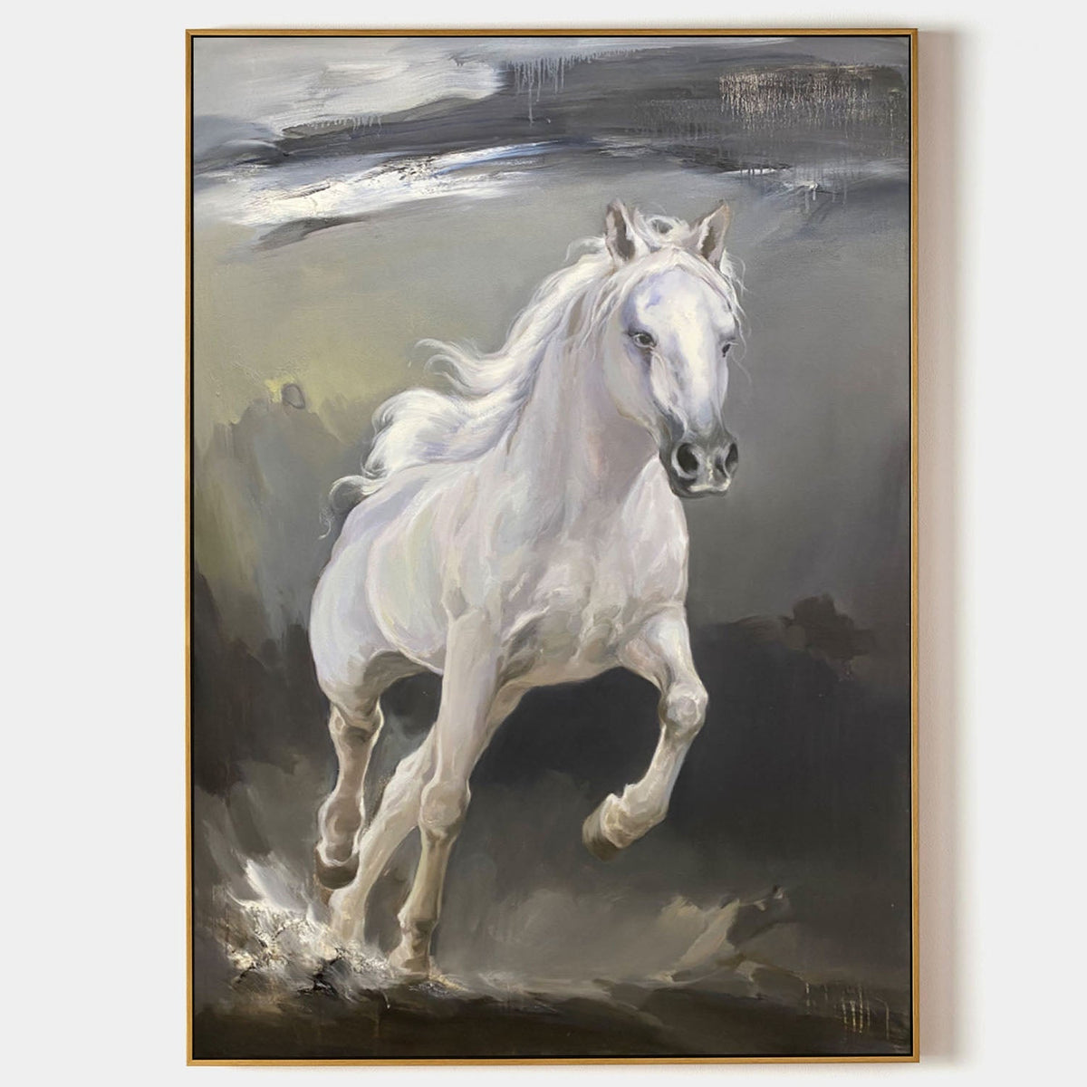 Wall Art Vertical Impressionist White Horse Scene Muted