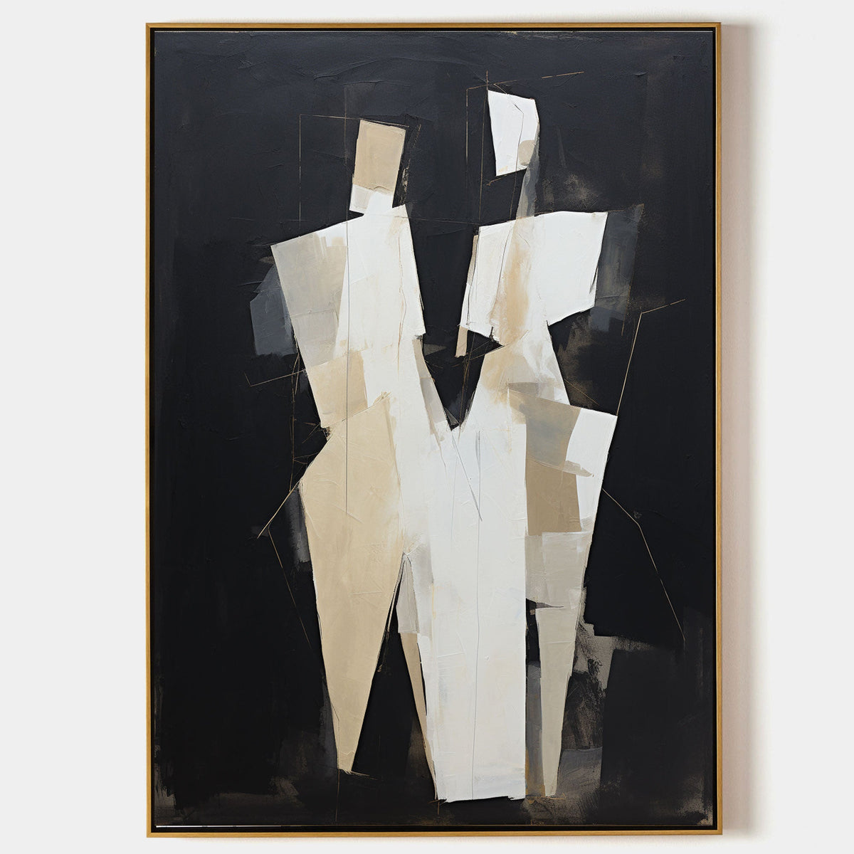 Cubist Style Couple Figure Oil Painting Black Beige