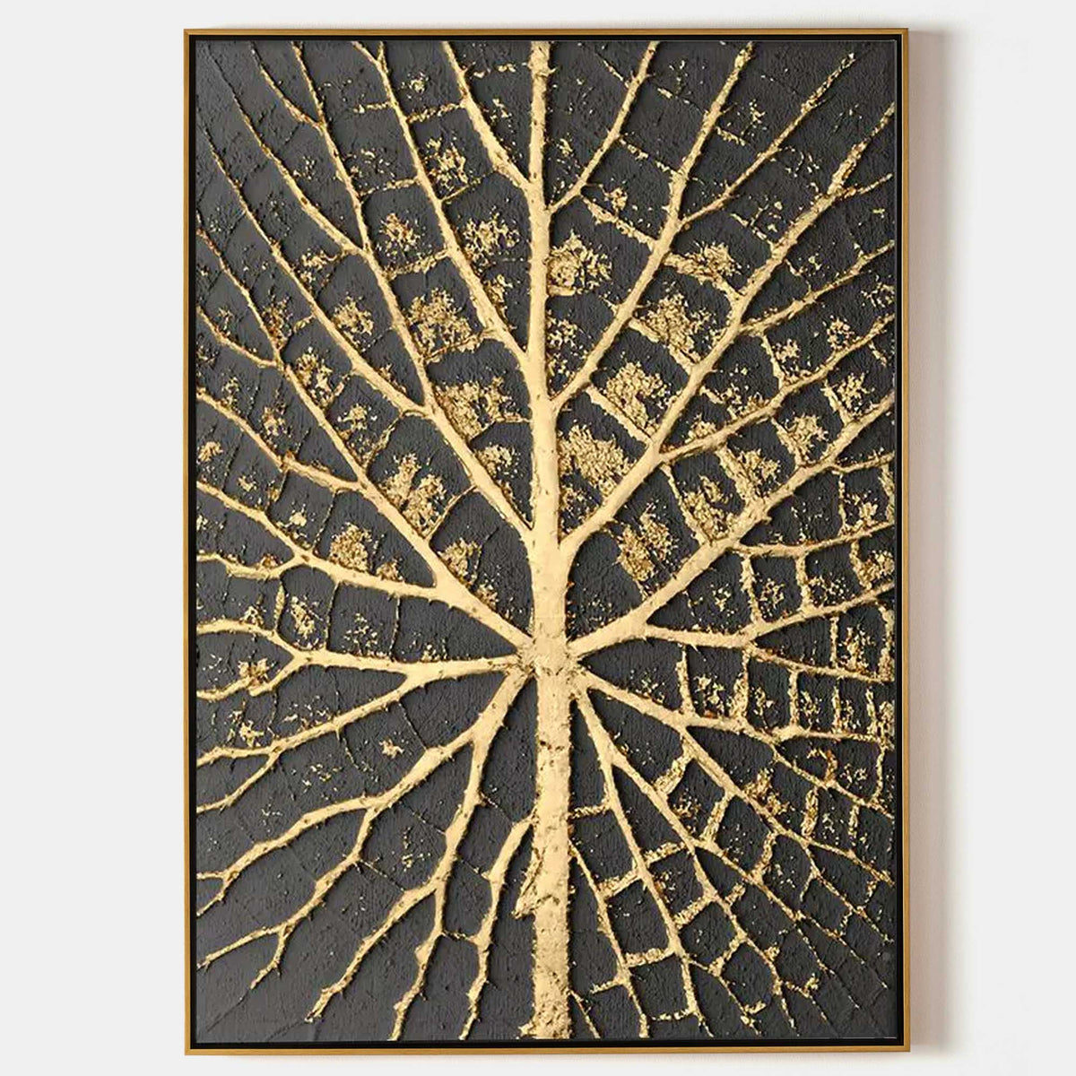 Plaster Art Black And Gold Leaf Vein Textured Painting