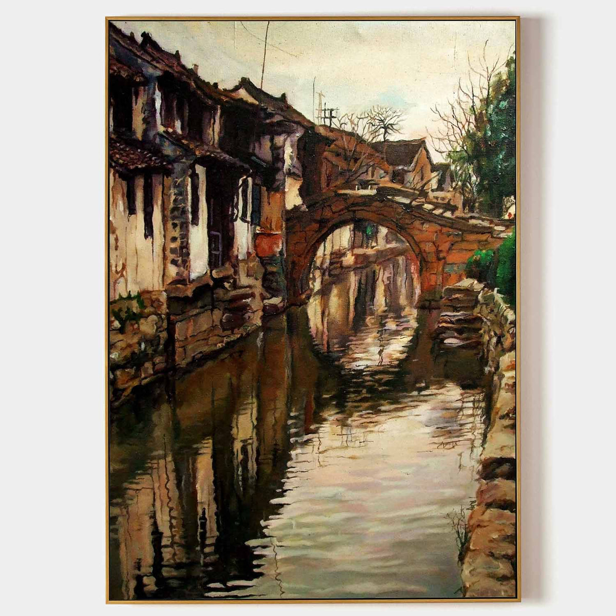 Hyperrealism Rustic Jiangnan Water Town Oil Painting