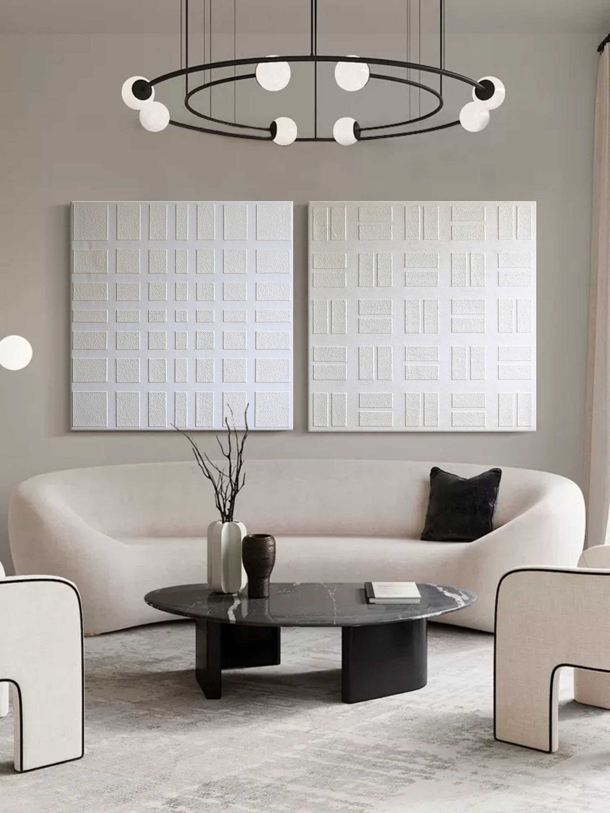 Wall Art Geometric Grid Symmetrical Panels Linen Canvas