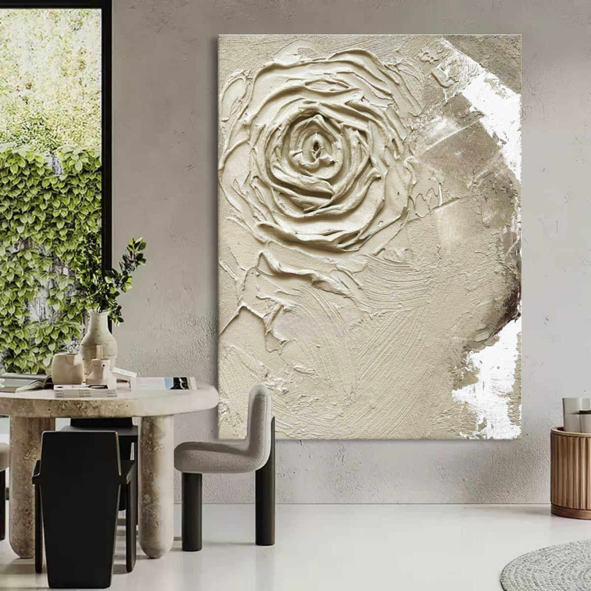Wabi-Sabi 3D Textured Neutral Tone Rose Oil Painting